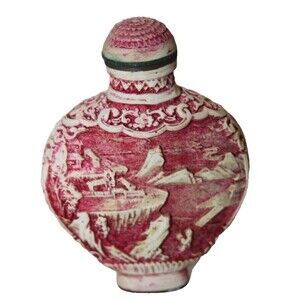 Vintage Chinese Red Beige Carved Cinnabar Perfume Snuff Bottle Signed Marked